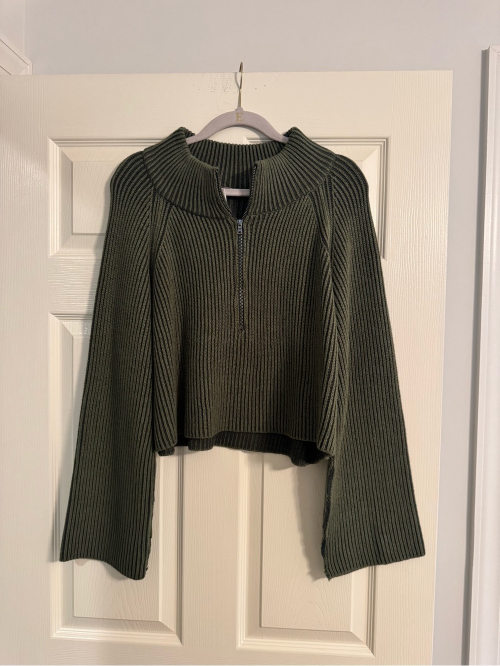 Free People Olive Ribbed Cropped Half-Zip Turtleneck Sweater